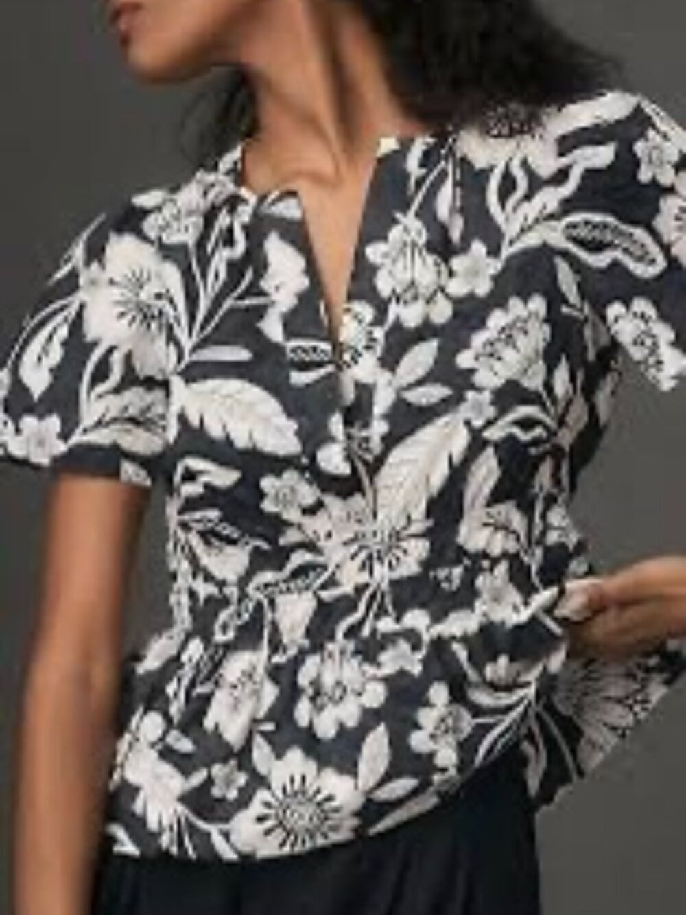 Anthropologie Black White Floral Somerset Peplum Blouse Short Sleeve Top Size L - Picture 2 of 12